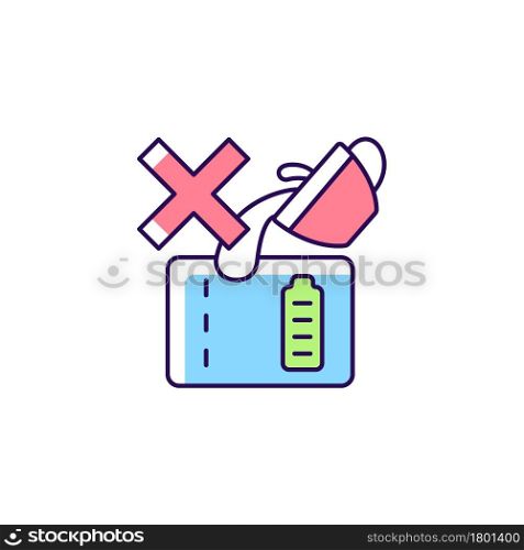 Dont spill on powerbank RGB color manual label icon. Mishandling device use. Short-circuiting risk. Isolated vector illustration. Simple filled line drawing for product use instructions. Dont spill on powerbank RGB color manual label icon