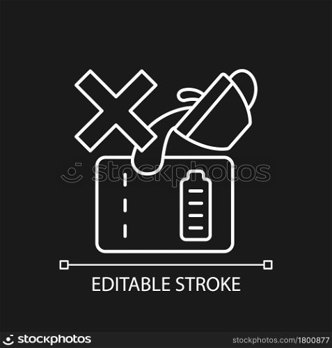Dont spill on powerbank white linear manual label icon for dark theme. Thin line customizable illustration. Isolated vector contour symbol for night mode for product use instructions. Editable stroke. Dont spill on powerbank white linear manual label icon for dark theme