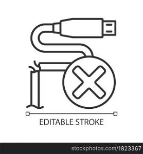 Dont use cracked cable linear manual label icon. Fire danger. Thin line customizable illustration. Contour symbol. Vector isolated outline drawing for product use instructions. Editable stroke. Dont use cracked cable linear manual label icon