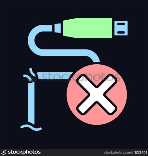 Dont use cracked cable RGB color manual label icon for dark theme. Isolated vector illustration on night mode background. Simple filled line drawing on black for product use instructions. Dont use cracked cable RGB color manual label icon for dark theme