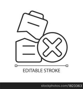 Dont use damaged battery linear manual label icon. Broken component. Thin line customizable illustration. Contour symbol. Vector isolated outline drawing for product use instructions. Editable stroke. Dont use damaged battery linear manual label icon