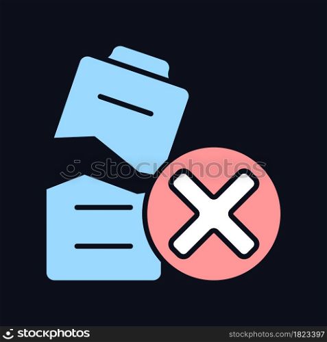 Dont use damaged battery RGB color manual label icon for dark theme. Isolated vector illustration on night mode background. Simple filled line drawing on black for product use instructions. Dont use damaged battery RGB color manual label icon for dark theme