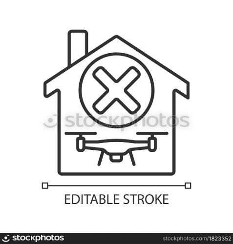 Dont use indoors linear manual label icon. Unsafe flying inside home. Thin line customizable illustration. Contour symbol. Vector isolated outline drawing for product use instructions. Editable stroke. Dont use indoors linear manual label icon
