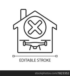 Dont use indoors linear manual label icon. Unsafe flying inside home. Thin line customizable illustration. Contour symbol. Vector isolated outline drawing for product use instructions. Editable stroke. Dont use indoors linear manual label icon