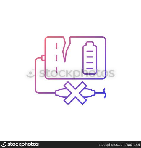 Dont use powerbank if damaged gradient linear vector manual label icon. Cracked shell. Thin line color symbol. Modern style pictogram. Vector isolated outline drawing for product use instructions. Dont use powerbank if damaged gradient linear vector manual label icon