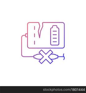 Dont use powerbank if damaged gradient linear vector manual label icon. Cracked shell. Thin line color symbol. Modern style pictogram. Vector isolated outline drawing for product use instructions. Dont use powerbank if damaged gradient linear vector manual label icon