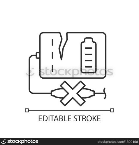 Dont use powerbank if damaged linear manual label icon. Thin line customizable illustration. Contour symbol. Vector isolated outline drawing for product use instructions. Editable stroke. Dont use powerbank if damaged linear manual label icon