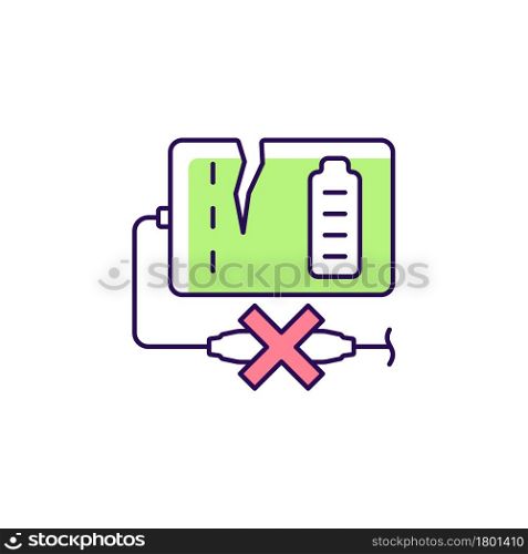 Dont use powerbank if damaged RGB color manual label icon. Unplugging broken charger. Cracked external shell. Isolated vector illustration. Simple filled line drawing for product use instructions. Dont use powerbank if damaged RGB color manual label icon