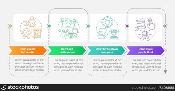 Donts for website success rectangle infographic template. Data visualization with 4 steps. Pleasing. Editable timeline info chart. Workflow layout with line icons. Myriad Pro-Bold, Regular fonts used. Donts for website success rectangle infographic template