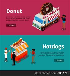 Donut and hotdogs mobile umbrella carts isolated on pink and blue backgrounds. Vector web poster of white minivan with doughnut on roof and girl near, stall with big hotdog, seller and two buyers. Donut and Hotdogs Mobile Umbrella Carts Poster
