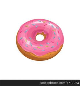 Donut cake icon, fast food sweet dessert, vector isolated pink glazed doughnut. Cafe pastry and patisserie, cafeteria bakery menu icon of donut cookie or biscuit with sprinkles. Donut cake icon, fast food sweet dessert, pink