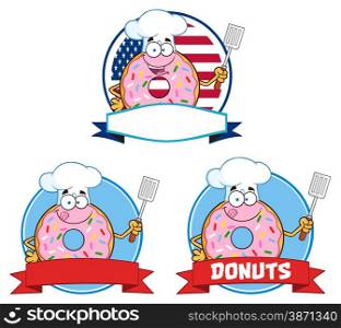 Donut Cartoon Character Circle Label 1. Collection Set Isolated On White