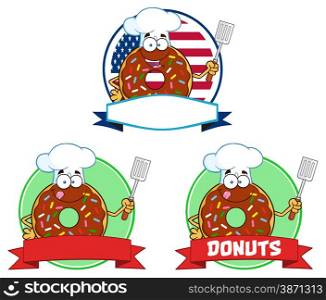 Donut Cartoon Character Circle Label 2. Collection Set Isolated On White