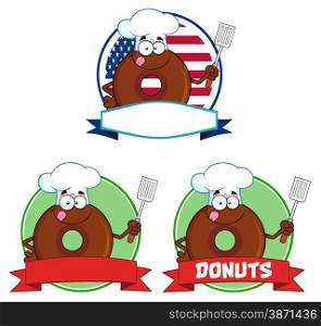 Donut Cartoon Character Circle Label 3. Collection Set Isolated On White