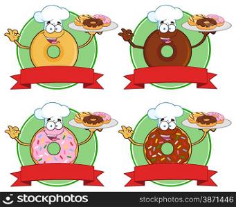 Donut Cartoon Character Circle Label 4. Collection Set Isolated On White