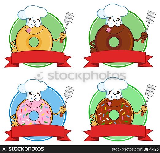 Donut Cartoon Character Circle Label 5. Collection Set