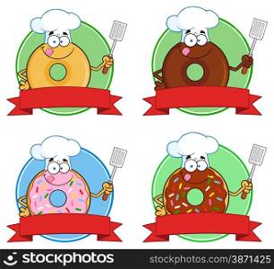 Donut Cartoon Character Circle Label 5. Collection Set