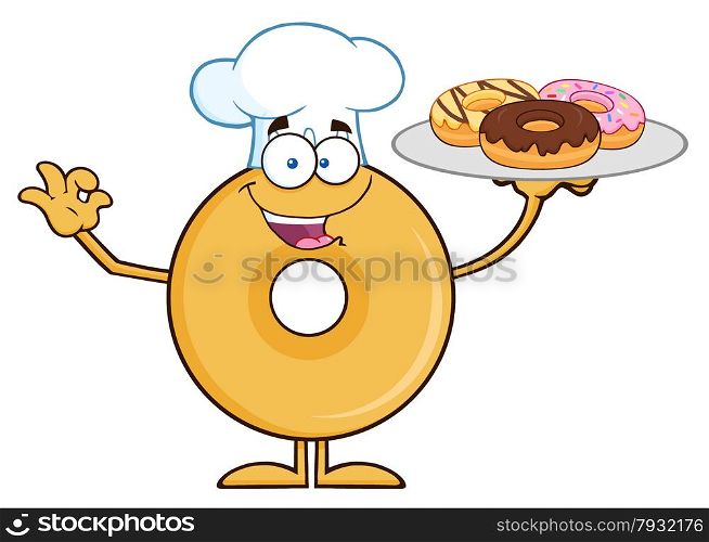 Donut Cartoon Character Wearing A Chef Hat And Serving Donuts