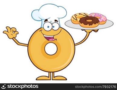 Donut Cartoon Character Wearing A Chef Hat And Serving Donuts