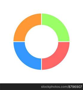Donut chart divided in 4 sections. Colorful round diagram. Infographic wheel icon. Circle shape cut in four equal parts isolated on white background. Vector flat illustration. Donut chart divided in 4 sections. Colorful round diagram. Infographic wheel icon. Circle shape cut in four equal parts