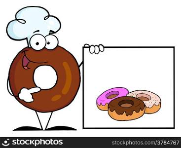 Donut Chef Cartoon Character Presenting A Blank Sign With Donuts