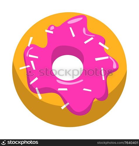 Donut decorated by pink glaze and sprinkles, creative idea for bakery cafe. Dessert logo, restaurant element, doughnut delicious food, baked meal, cake with chocolate, candy product, lunch vector. Doughnut Dessert with Glaze, Bakery Cafe Vector