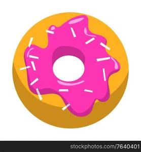 Donut decorated by pink glaze and sprinkles, creative idea for bakery cafe. Dessert logo, restaurant element, doughnut delicious food, baked meal, cake with chocolate, candy product, lunch vector. Doughnut Dessert with Glaze, Bakery Cafe Vector