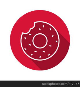 Donut flat linear long shadow icon. Bitten doughnut with sprinkles. Vector line symbol. Donut flat linear long shadow icon