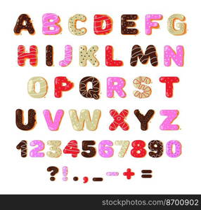 Donut font. Colorful sweet doughnut bakery alphabet latin letters and numbers for decoration, cartoon kids typeface cute glazed dessert. Vector isolated set. Pastry with icing and cream. Donut font. Colorful sweet doughnut bakery alphabet latin letters and numbers for decoration, cartoon kids typeface cute glazed dessert. Vector isolated set