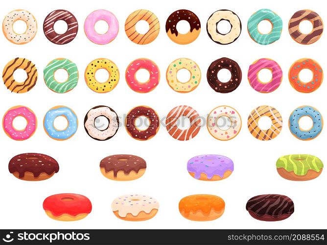Donut icons set cartoon vector. Glaze doughnut. Chocolate cake. Donut icons set cartoon vector. Glaze doughnut