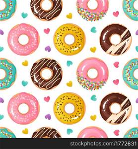 Donut pattern. Seamless texture of sweet desserts. Tasty doughnuts. Cartoon round glazed confectionery and colorful heart confetti. Yummy baked food. Cute wrapping paper template. Vector background. Donut pattern. Seamless texture of sweet desserts. Tasty doughnuts. Cartoon glazed confectionery and colorful heart confetti. Yummy food. Cute wrapping paper template. Vector background