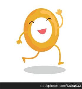 Donut Running Away Isolated on White. Funny Food. Donut running away isolated on white. Funny food story conceptual banner. Fresh cooked donut character in cartoon style. Happy meal for children. For childish menu poster. Vector design illustration