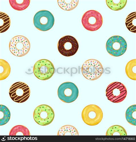 Donut seamless pattern. Sweet summer seamless with cupcake and glazing. Cute donuts for kids. Food dessert or snack for print backdrop. Chocolate cake pattern on texture wallpaper. vector illustration. Donut seamless pattern. Sweet summer seamless with cupcake and glazing. Cute donuts. Food dessert or snack for print backdrop. Chocolate cake pattern for texture wallpaper. vector illustration