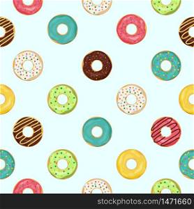 Donut seamless pattern. Sweet summer seamless with cupcake and glazing. Cute donuts for kids. Food dessert or snack for print backdrop. Chocolate cake pattern on texture wallpaper. vector illustration. Donut seamless pattern. Sweet summer seamless with cupcake and glazing. Cute donuts. Food dessert or snack for print backdrop. Chocolate cake pattern for texture wallpaper. vector illustration