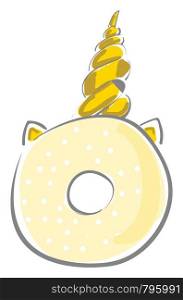 Donut that has gold unicorn's horn, vector, color drawing or illustration.