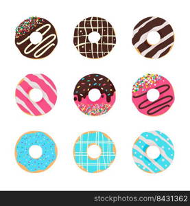 Donut vector Circle donuts with colorful holes covered in delicious chocolate.