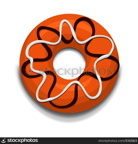 Donut with chocolate and white glaze icon in cartoon style on a white background. Donut with chocolate and white glaze icon