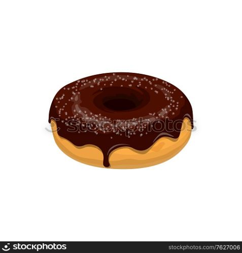 Donut with chocolate topping isolated. Vector doughnut cake with brown glaze and sugar. Doughnut with chocolate isolated cake