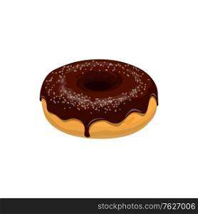 Donut with chocolate topping isolated. Vector doughnut cake with brown glaze and sugar. Doughnut with chocolate isolated cake