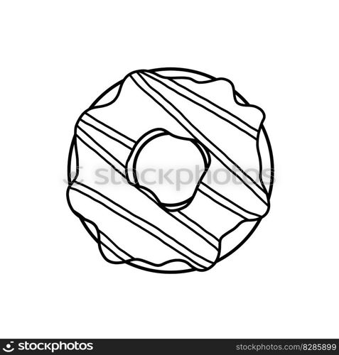 Donut with glaze. Sweet sugar dessert with icing. Outline cartoon illustration isolated on white background