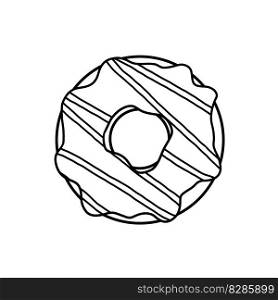 Donut with glaze. Sweet sugar dessert with icing. Outline cartoon illustration isolated on white background