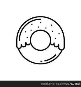 Donut with sprinkles, topping isolated outline icon. Vector iced glazed donut with topping, line art strawberry or chocolate dessert. Fastfood snack, pastry food in black and white, fresh bakery. Doughnut with topping, caramel sprinkles isolated