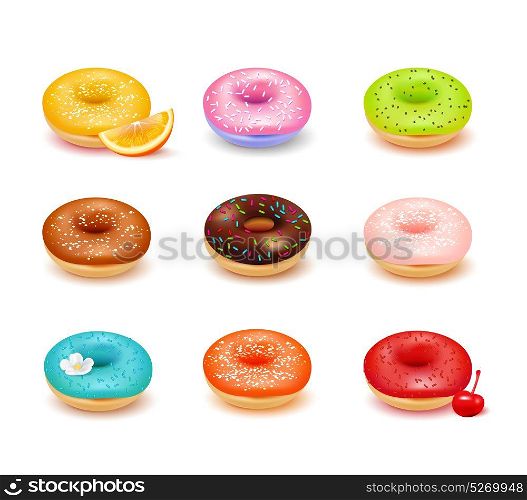 Donuts Assortment Set. Sweet colorful donuts with various toppings and fresh fruit assortment set isolated on white background realistic vector illustration