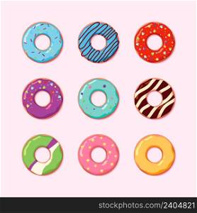Donuts collection. Dessert foods for coffee time breakfast chocolate snacks pastries products garish vector donuts illustrations. Donut to breakfast, food dessert and bakery. Donuts collection. Dessert foods for coffee time breakfast chocolate snacks pastries products garish vector donuts illustrations
