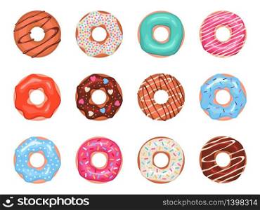 Donuts. Doughnuts in colorful glaze, kids sweets assorted, pastry for menu design, cafe decoration and delivery box glazed cover vector set. Donuts. Doughnuts in colorful glaze, kids sweets assorted, pastry for menu design, cafe decoration and delivery box cover vector set