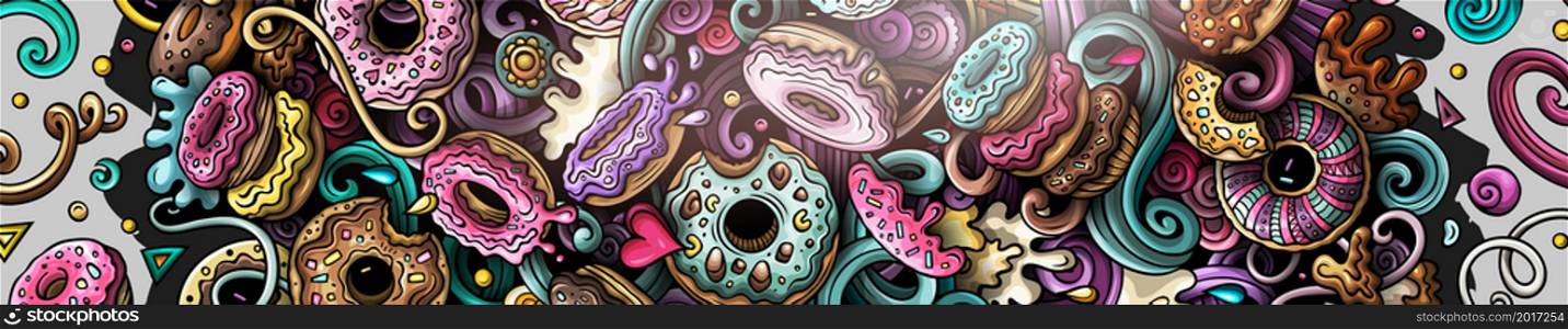 Donuts hand drawn doodle banner. Cartoon detailed illustrations. Sweet food identity with objects and symbols. Color vector design elements background. Donuts hand drawn doodle banner. Cartoon detailed illustrations.