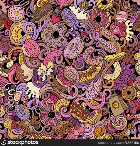 Donuts hand drawn doodles seamless pattern. Sprinkled doughnuts background. Cartoon glazed donut with chocolate, caramel and topping fabric print design. Colorful vector illustrations. Donuts hand drawn doodles seamless pattern. Sprinkled doughnuts background.