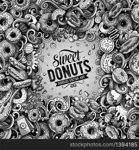 Donuts hand drawn vector doodles illustration. Sweets frame card design. Doughnut elements and objects cartoon background. Toned funny border. All items are separated. Donuts hand drawn vector doodles illustration. Sweets frame card design