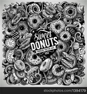 Donuts hand drawn vector doodles illustration. Sweets poster design. Doughnut elements and objects cartoon background. Monochrome funny picture. All items are separated. Donuts hand drawn vector doodles illustration. Sweets poster design.