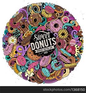 Donuts hand drawn vector doodles round illustration. Sweets poster design. Doughnut elements and objects cartoon background. Bright colors funny picture. All items are separated. Donuts hand drawn vector doodles round illustration. Sweets poster design.